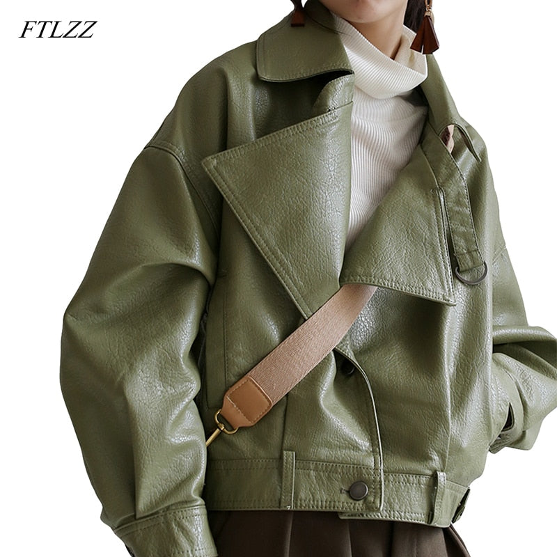 FTLZZ New Spring Autumn Green Faux  Leather Coats