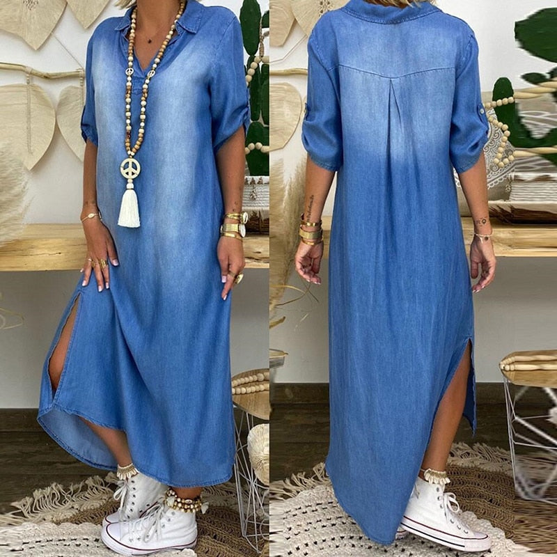Fashion Korean Plus Size Denim Dress For Women Summer Dress 2021 Lapel Split Sexy Long Maxi Jeans Dress 3XL Vestidos