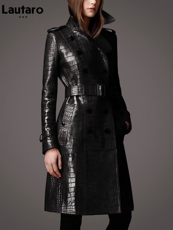 Lautaro Autumn Long Black Crocodile Pattern Leather Trench Coat