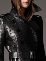 Lautaro Autumn Long Black Crocodile Pattern Leather Trench Coat