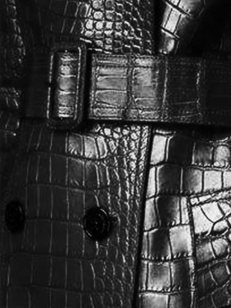 Lautaro Autumn Long Black Crocodile Pattern Leather Trench Coat