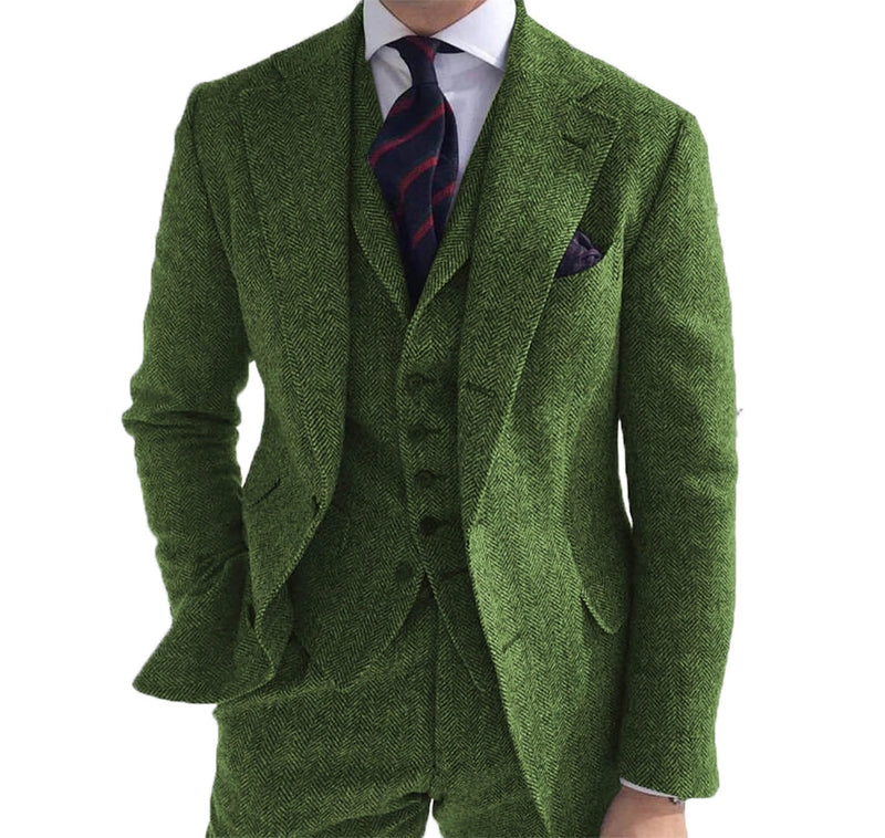 Men‘s 3 Pieces Green Wool Retro Suits