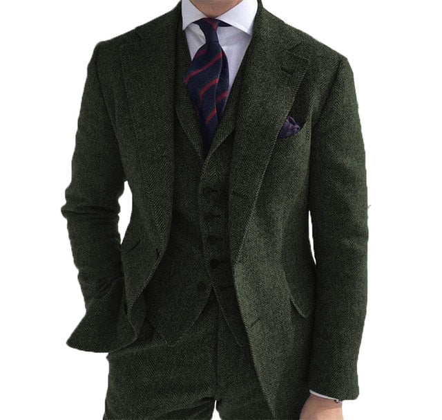 Men‘s 3 Pieces Green Wool Retro Suits
