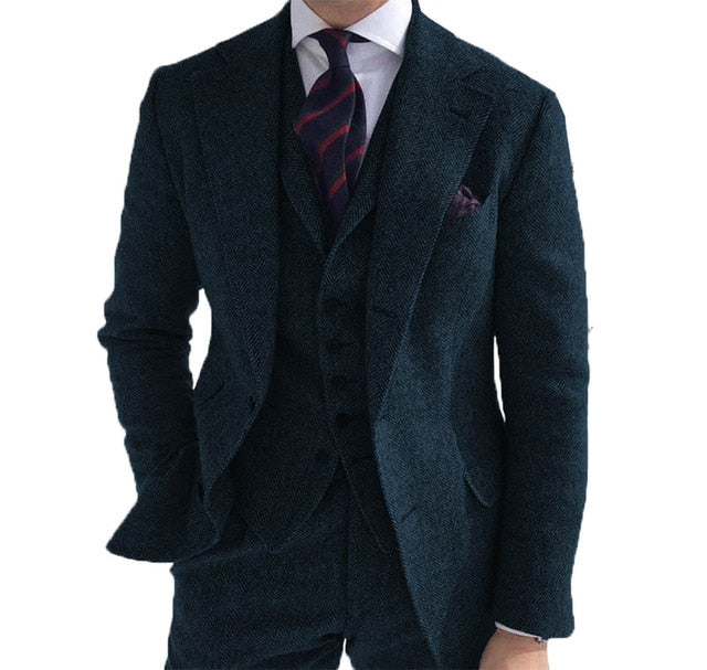 Men‘s 3 Pieces Green Wool Retro Suits
