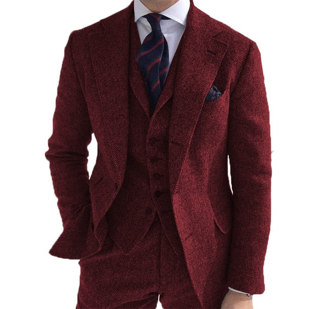 Men‘s 3 Pieces Green Wool Retro Suits