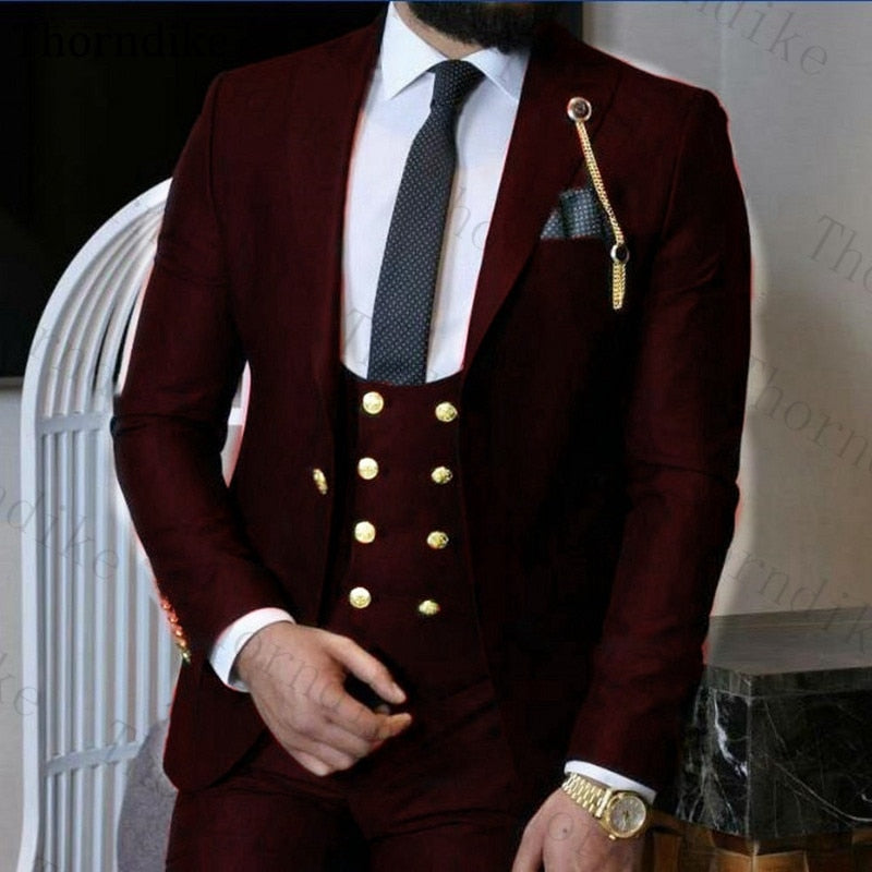 Wine Red Peaked Lapel Wedding Suit