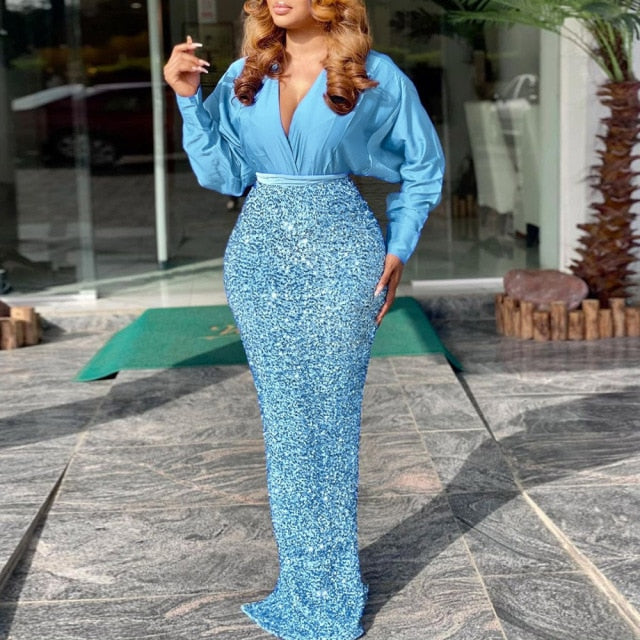 INS Super Hot blue evening sequin dress sexy v neck long sleeve women's luxury glitter prom formal maxi party dress plus size