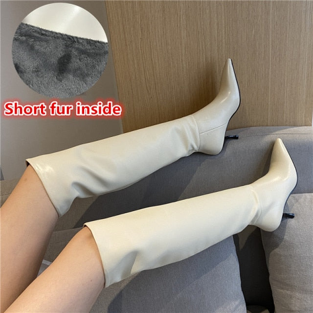 Genuine Leather Solid Color Knee Boots