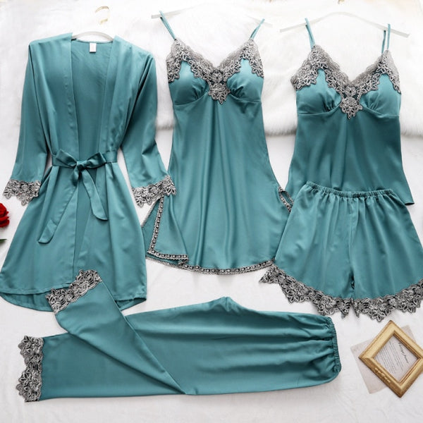 5PC Silk Robe Sleep Suit Lace Satin Pajamas