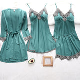 5PC Silk Robe Sleep Suit Lace Satin Pajamas