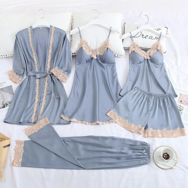 5PC Silk Robe Sleep Suit Lace Satin Pajamas