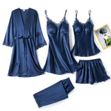 5PC Silk Robe Sleep Suit Lace Satin Pajamas