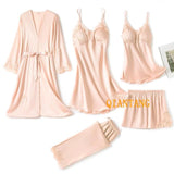 5PC Silk Robe Sleep Suit Lace Satin Pajamas