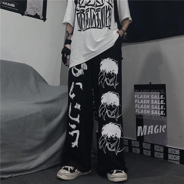 Anime Print Wide Leg Pants Women