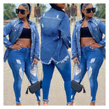 Jean Jacket Women Denim Jackets Blue Jean Jacket Hot Tassel Ripped Denim Jacket Women Hole New Fashion Denim Blue Long Coat
