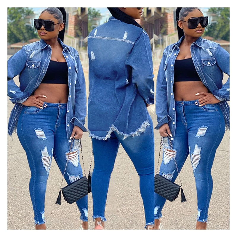 Jean Jacket Women Denim Jackets Blue Jean Jacket Hot Tassel Ripped Denim Jacket Women Hole New Fashion Denim Blue Long Coat