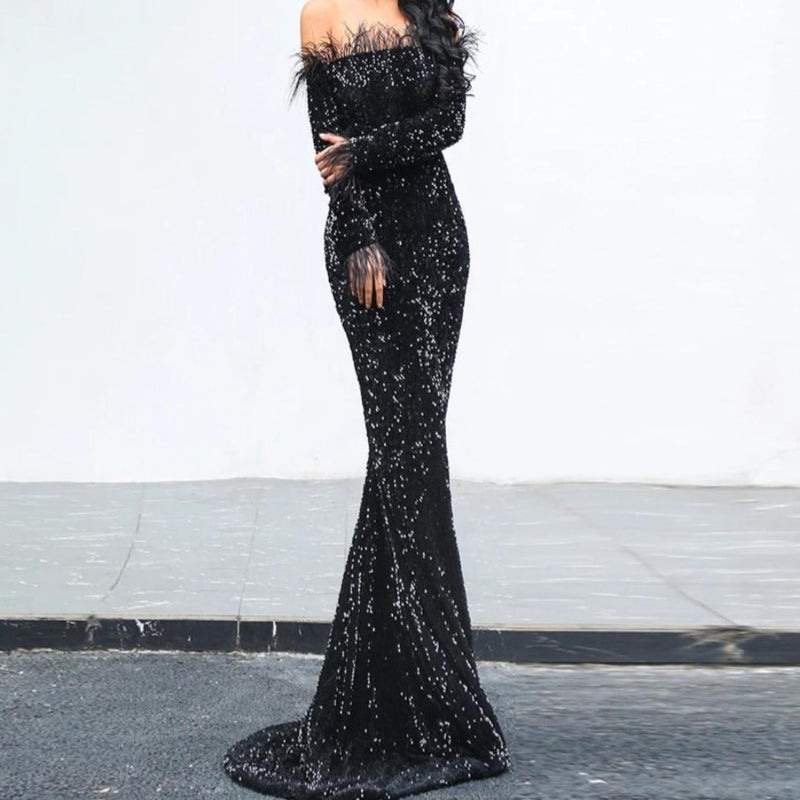 Off Shoulder Feather Long Sleeve Sequin Dress