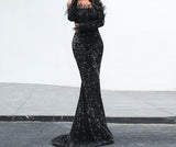 Off Shoulder Feather Long Sleeve Sequin Dress