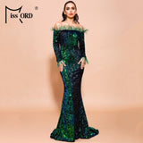 Off Shoulder Feather Long Sleeve Sequin Dress