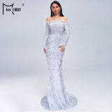 Off Shoulder Feather Long Sleeve Sequin Dress