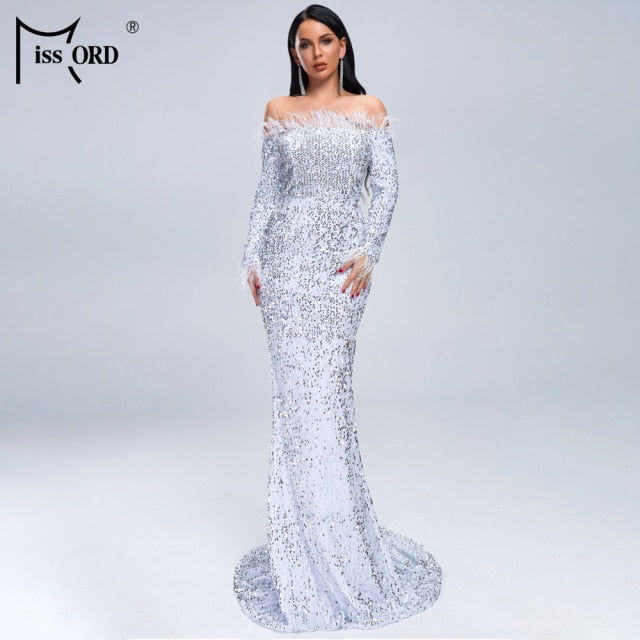 Off Shoulder Feather Long Sleeve Sequin Dress