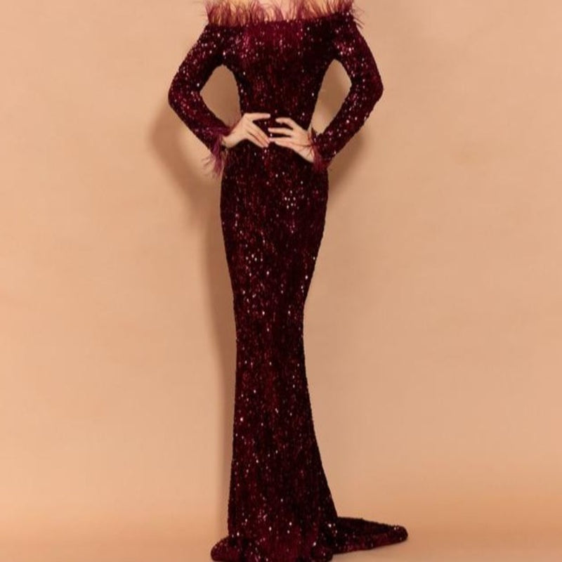 Off Shoulder Feather Long Sleeve Sequin Dress