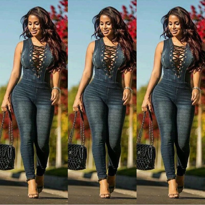 Skinny Jeans Lace-up V Neck Sleeveless