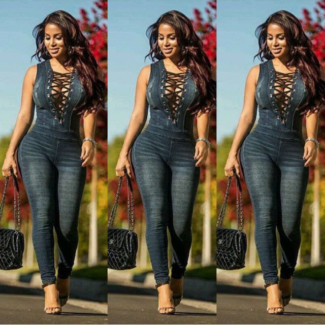 Skinny Jeans Lace-up V Neck Sleeveless