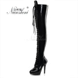 Sexy Fetish Shoes Over The Punk Knee 15CM Ultra High Heels Stripper Platform Long Boots Women Pole Dance 6 Inch Gothic Strappy