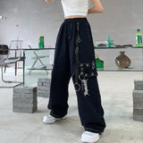 Black Cargo Pants Women Chain Wide Leg