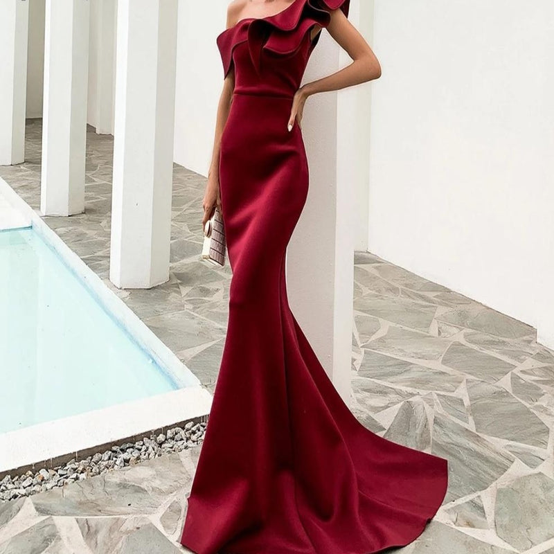 One Shoulder Party Dress Evening Backles  Maxi