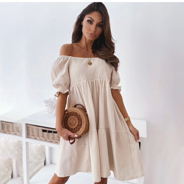 Loose White Black Beach Mini Dresses Short Sleeve