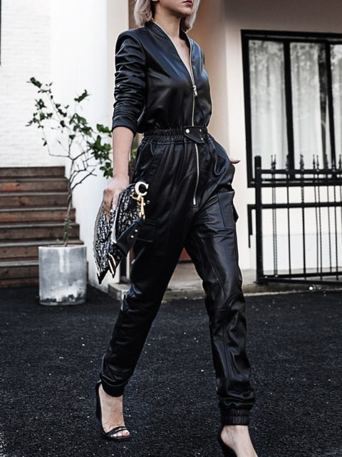 Nerazzurri Autumn Long black soft faux leather jumpsuit women