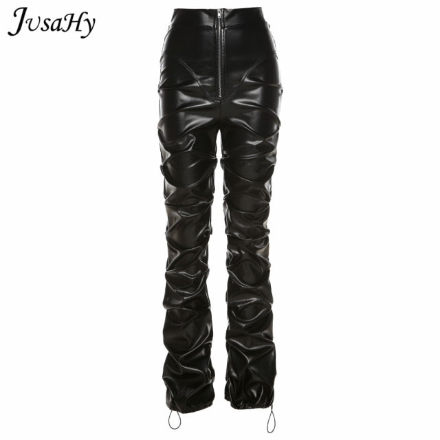 Leather Pleated High Waist Black Stacked Pant
