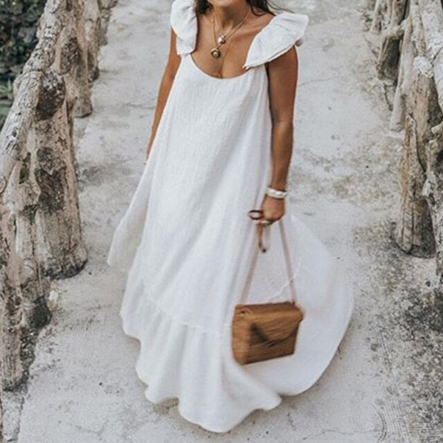 Long Dress Women Solid Color Sexy Short Sleeve