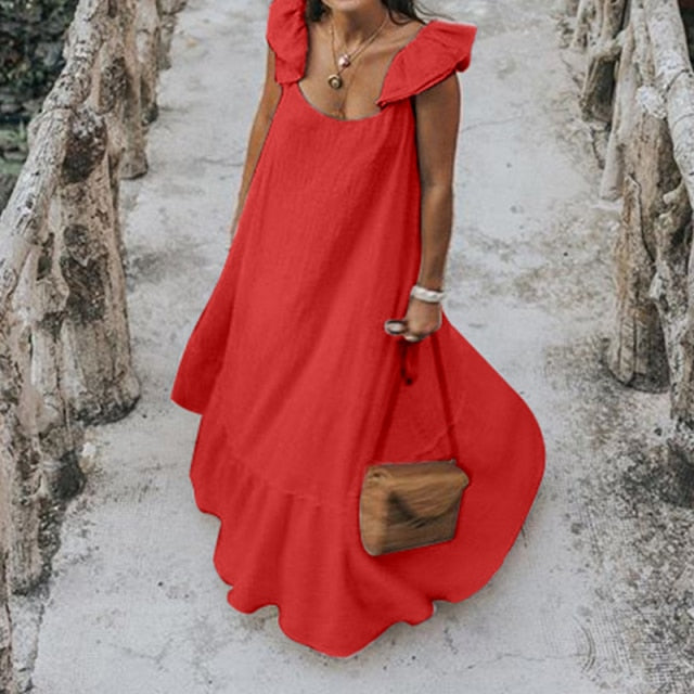 Long Dress Women Solid Color Sexy Short Sleeve