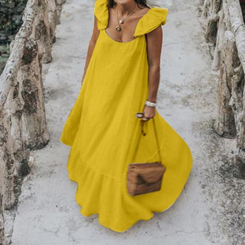 Long Dress Women Solid Color Sexy Short Sleeve