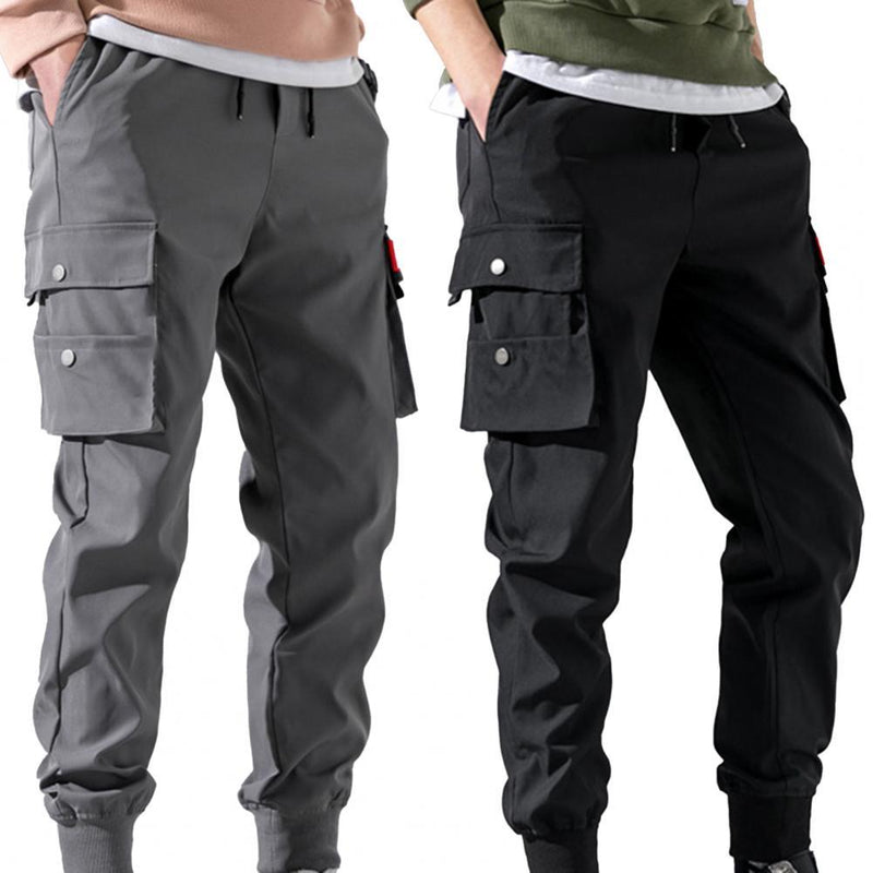 Men's Multi-pocket Cotton Blend Elastic Waistband Tight Ankle Sport Joggers Drawstring Beach Trousers