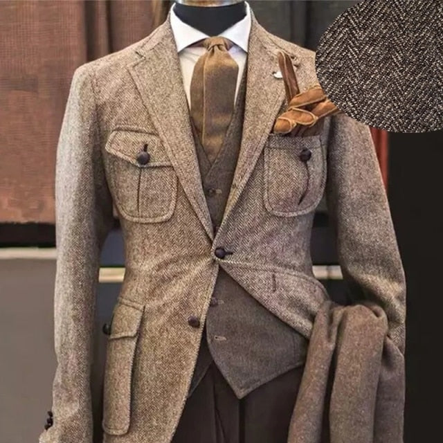 Men‘s 3 Pieces Green Wool Retro Suits