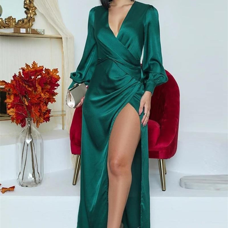 Elegant Long Sleeve V Neck Solid Lantern Sleeve