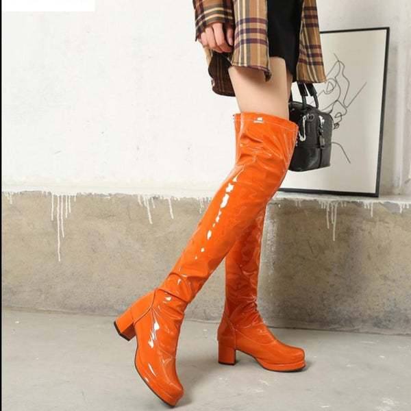Long Boots Leather Mid Heels Shoes