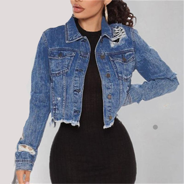 Blue Cropped Denim Jackets  Sleeve With Button Pockets