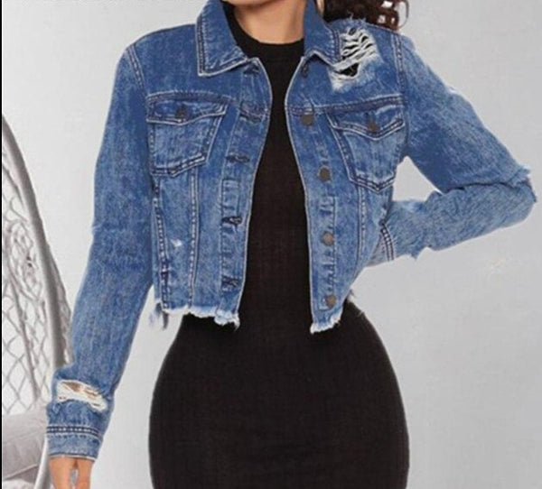 Blue Cropped Denim Jackets  Sleeve With Button Pockets