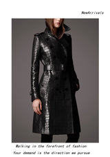 Lautaro Autumn Long Black Crocodile Pattern Leather Trench Coat
