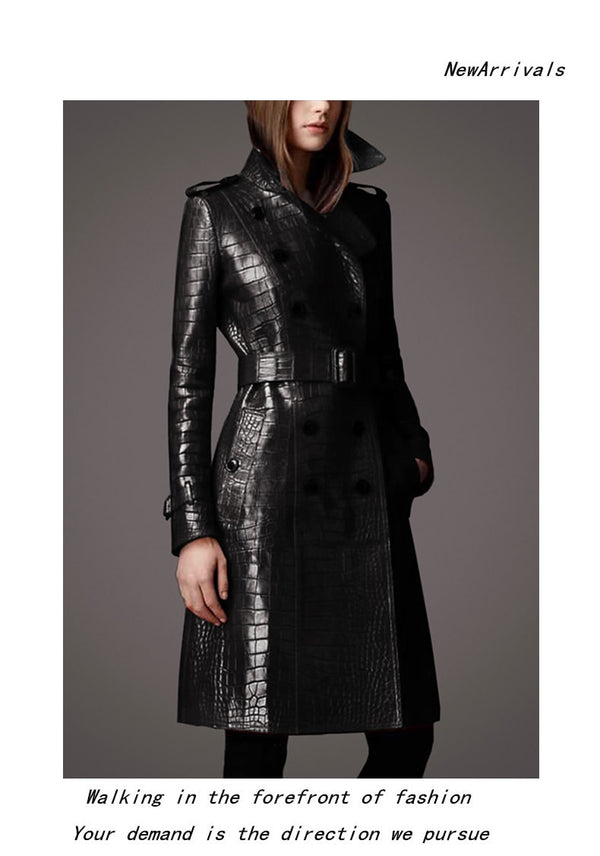 Lautaro Autumn Long Black Crocodile Pattern Leather Trench Coat