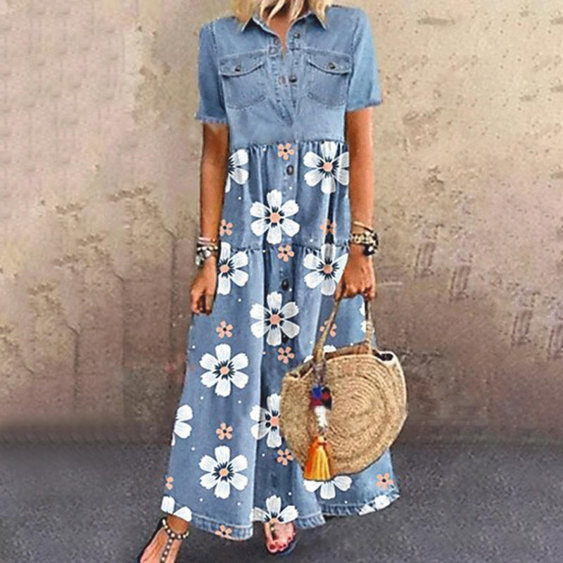Women's Dress Ladies Summer Fashion Retro Women Short Sleeve Turn Down Collar Pockets Buttons Long Loose Denim Jean Dress