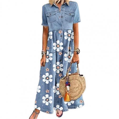 Women's Dress Ladies Summer Fashion Retro Women Short Sleeve Turn Down Collar Pockets Buttons Long Loose Denim Jean Dress
