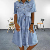Women Denim Dresses Short Sleeve Collar Pockets Single-breasted A Line Denim Dress Summer Jeans Midi Dress vestido vaquero mujer