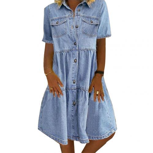 Women Denim Dresses Short Sleeve Collar Pockets Single-breasted A Line Denim Dress Summer Jeans Midi Dress vestido vaquero mujer