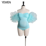 High Quality Stretchy Fabric Maternity Bodysuit for Photoshoot Tulle Puffy Short Sleeve Strapless Spandex Photography Wear YEWEN